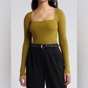 Open Edit Olive Long Sleeve Square Neckline Ribbed Top